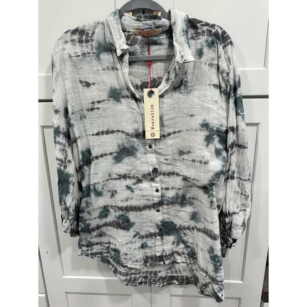 XCVI Wearables Tie Dye Cotton Gauze Button Down Shirt Grey White 13458W Large